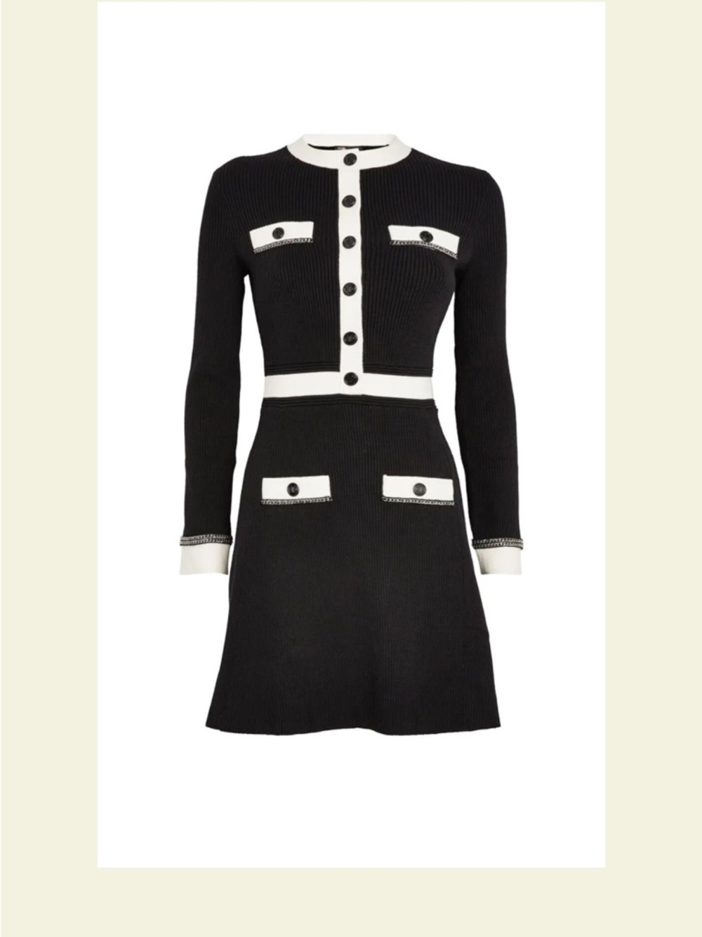 Women's Black Mini Dress with White Trim - Classic Knit A-Line